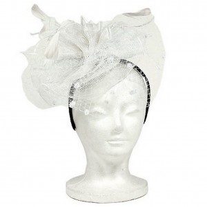 Fascinator Headbands - 12 PCS Sinamay w/ Feather + Dots - White - HB-S10-1687WT